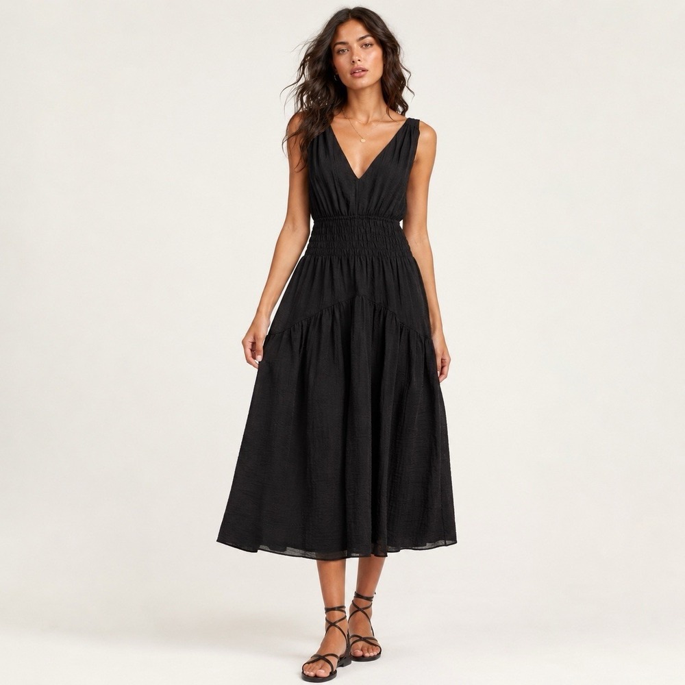 Women's Dress Vince Smocked Midi Black Minimalist Evening Wedding Romantic LBD